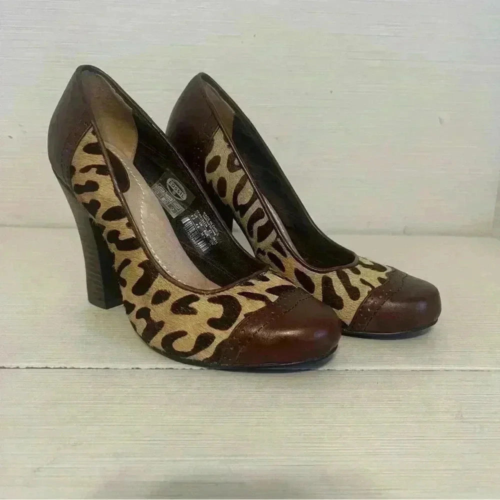 Fossil Sahara Brown Animal Print Calf Hair Leather Cap Toe Pumps Heels Size 6.5